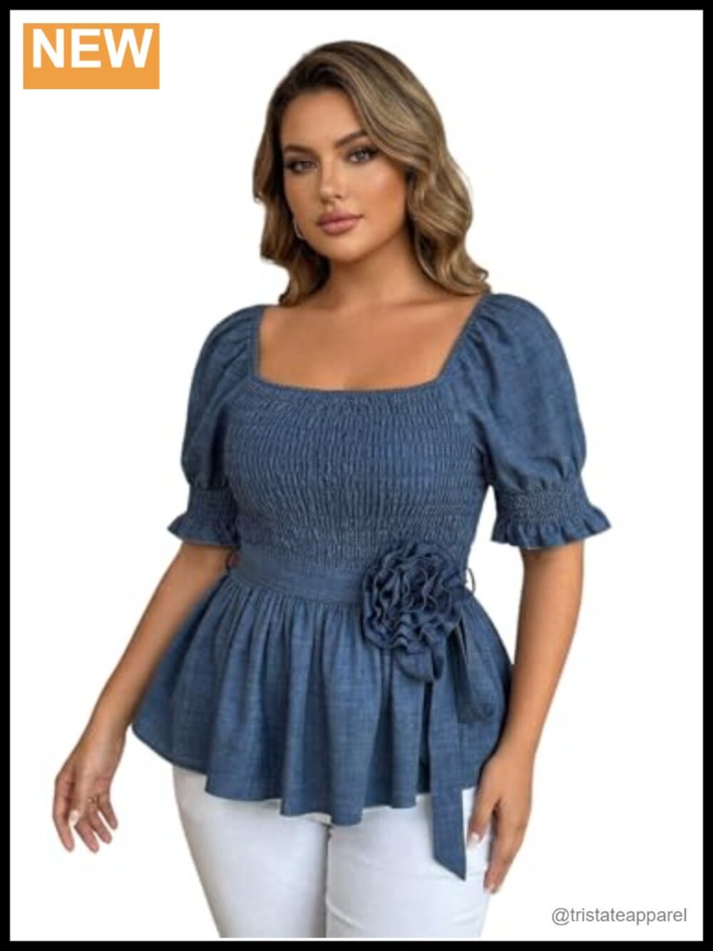 Plus Size Puff Sleeve Peplum Babydoll 3D Floral Blouse Soft Lightweight